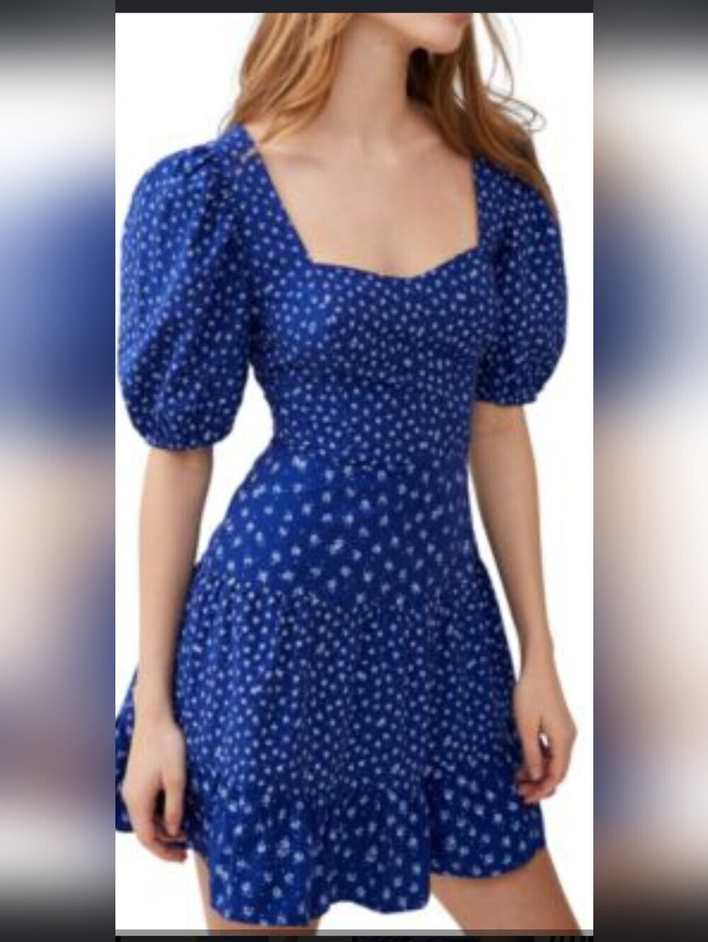 French Connection Blue Puff-Sleeve Square Neck Dress